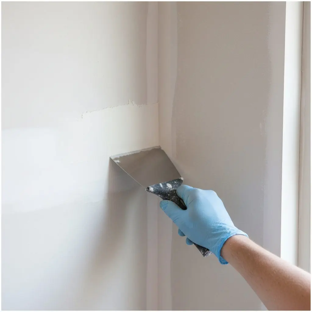 A hand holding a twelve-inch finishing knife against a wet inside corner