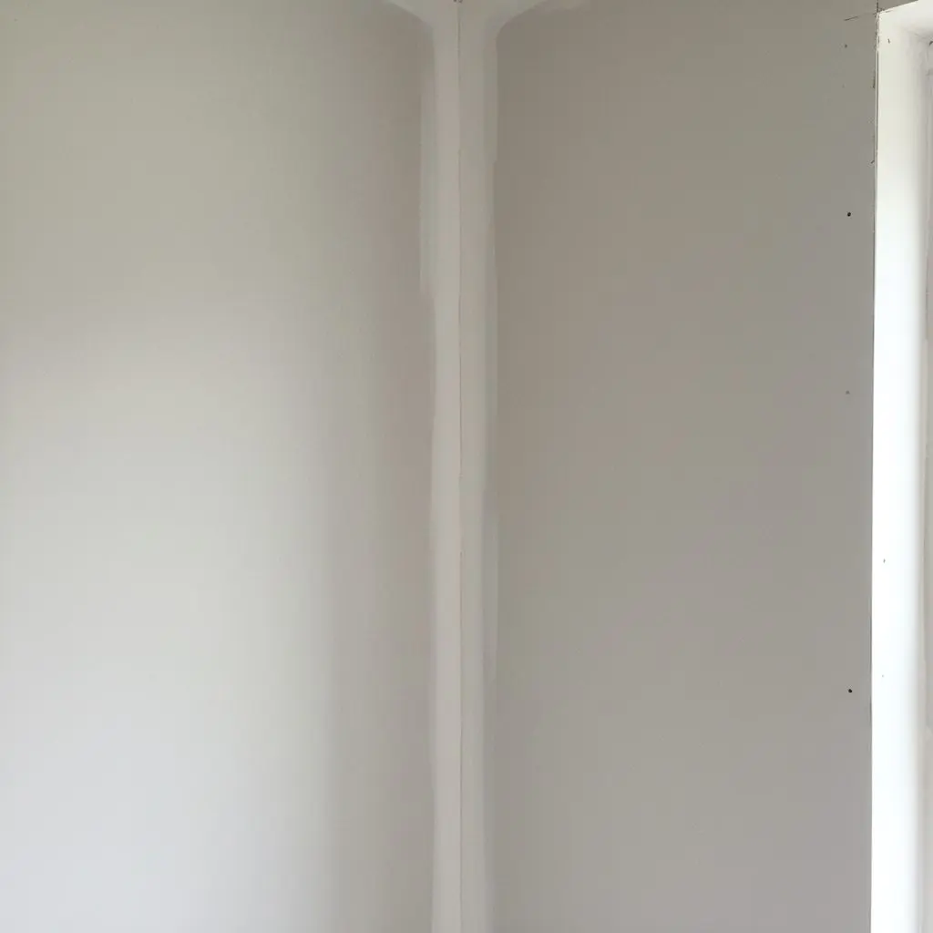 A close view of a finished inside corner where two sheets of board meet, the taped angle running dead straight and the compound sanded flush to both faces.
