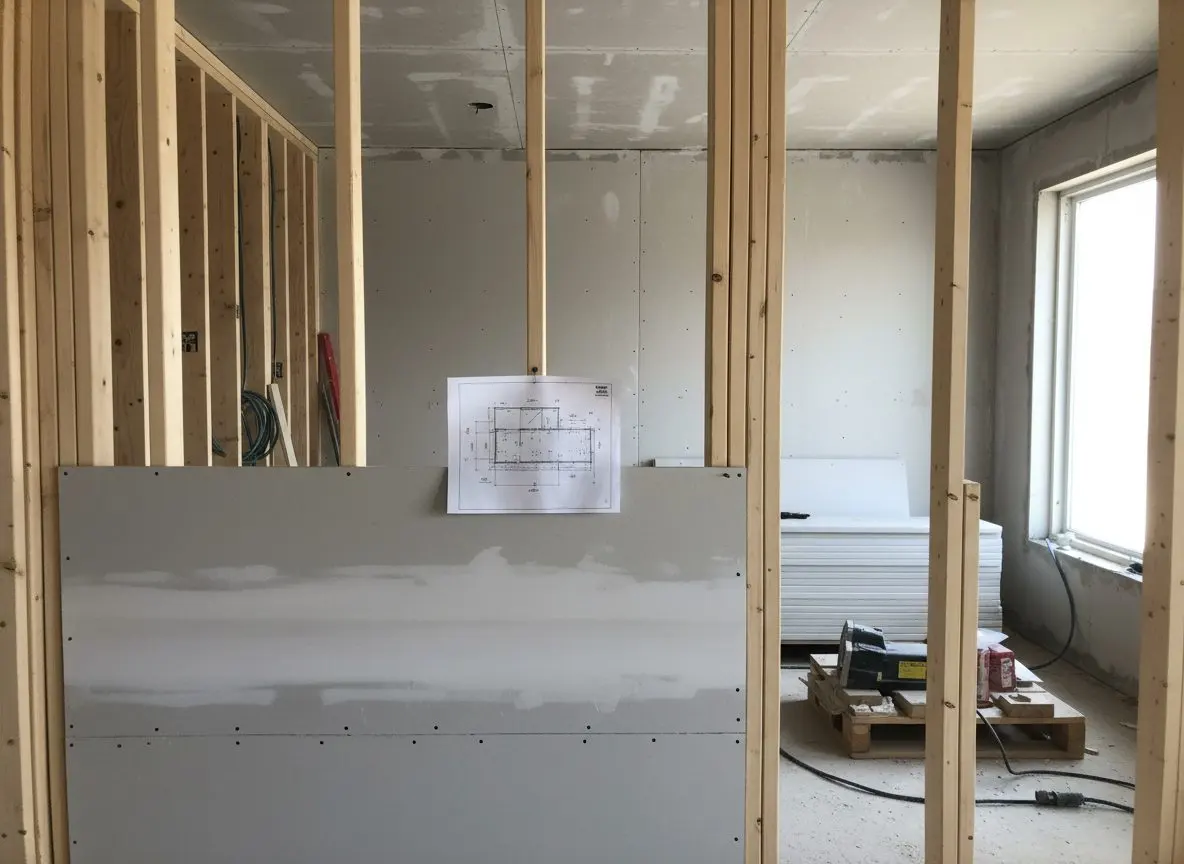 A stud partition part hung, a drawing pinned to the frame showing the fire rated assembly number, the joints on this run still untaped
