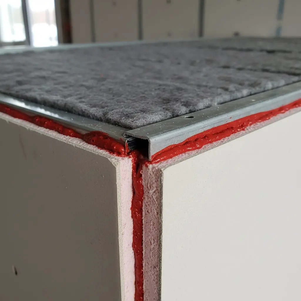 A firestopping detail at the head of a rated wall, the red sealant bead run along the track and the board edge