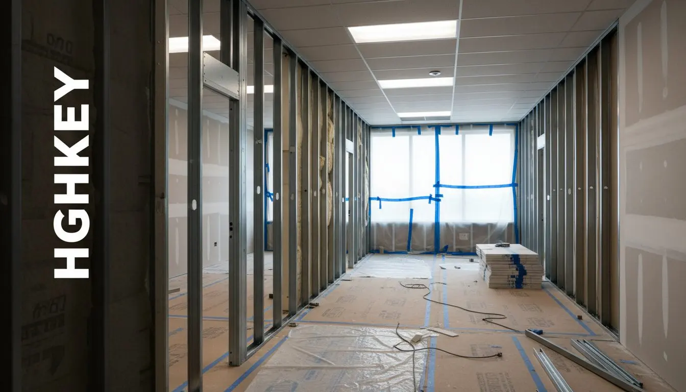 A commercial interior under construction in Hartford, a corridor or open office with steel studs up and board part hung