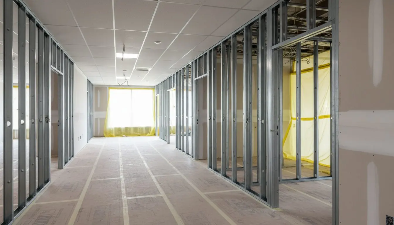 A commercial interior under construction in Hartford, a corridor or open office with steel studs up and board part hung
