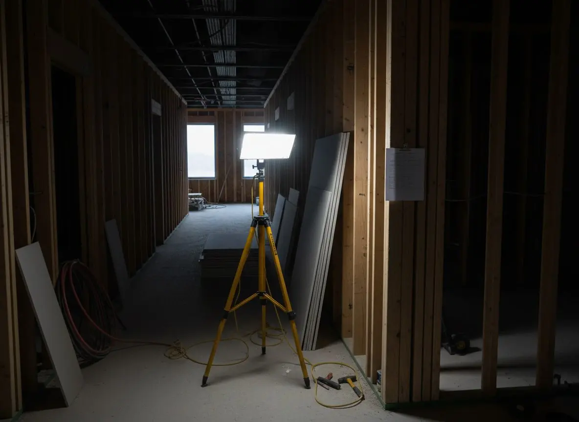 A commercial corridor mid board, a temporary work light rigged on a stand and a site sign in sheet clipped to a stud, the space beyond the work area still dark