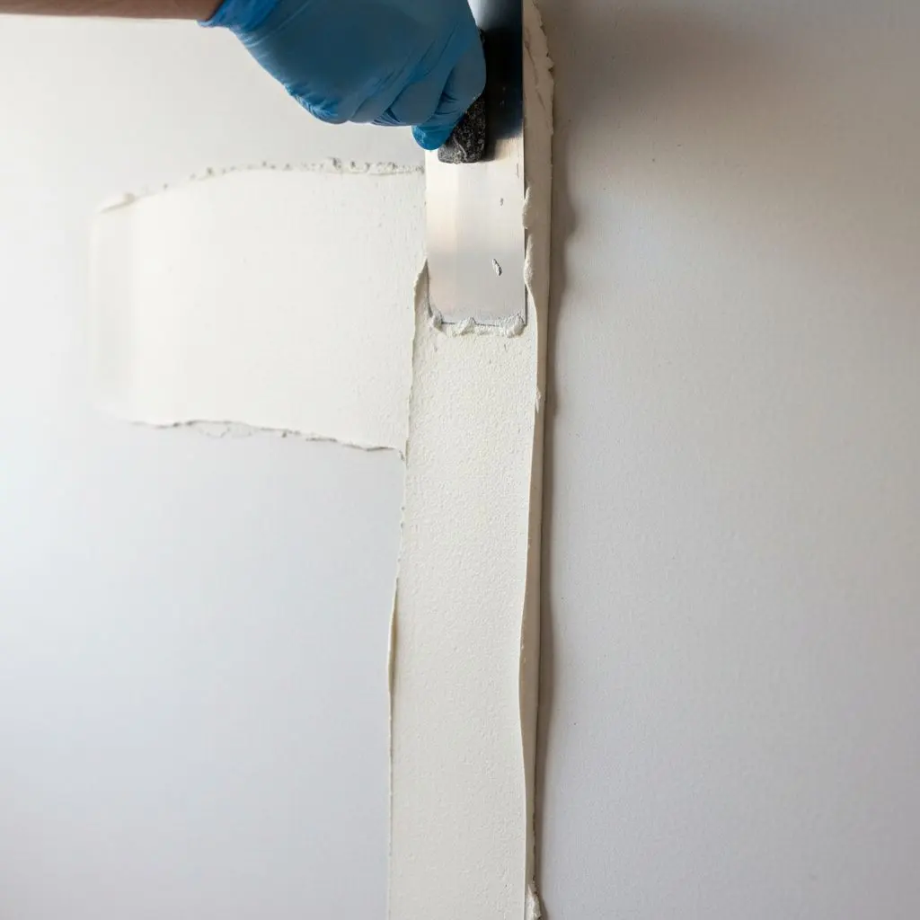 A taping knife drawing a wide band of setting compound across a butt joint, the blade and the wet compound close up