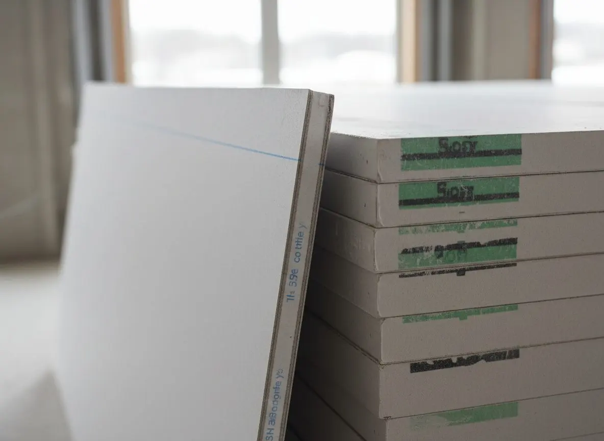 The cut edge of a five-eighths sheet propped against a stack of half-inch board, close enough to read the difference in thickness