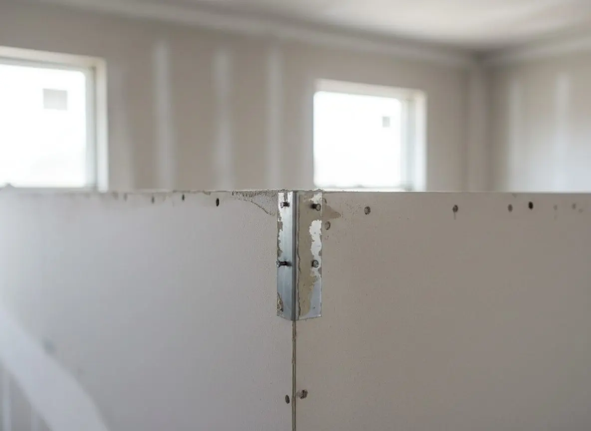A paper-faced metal corner bead nailed onto an outside corner, close and square on
