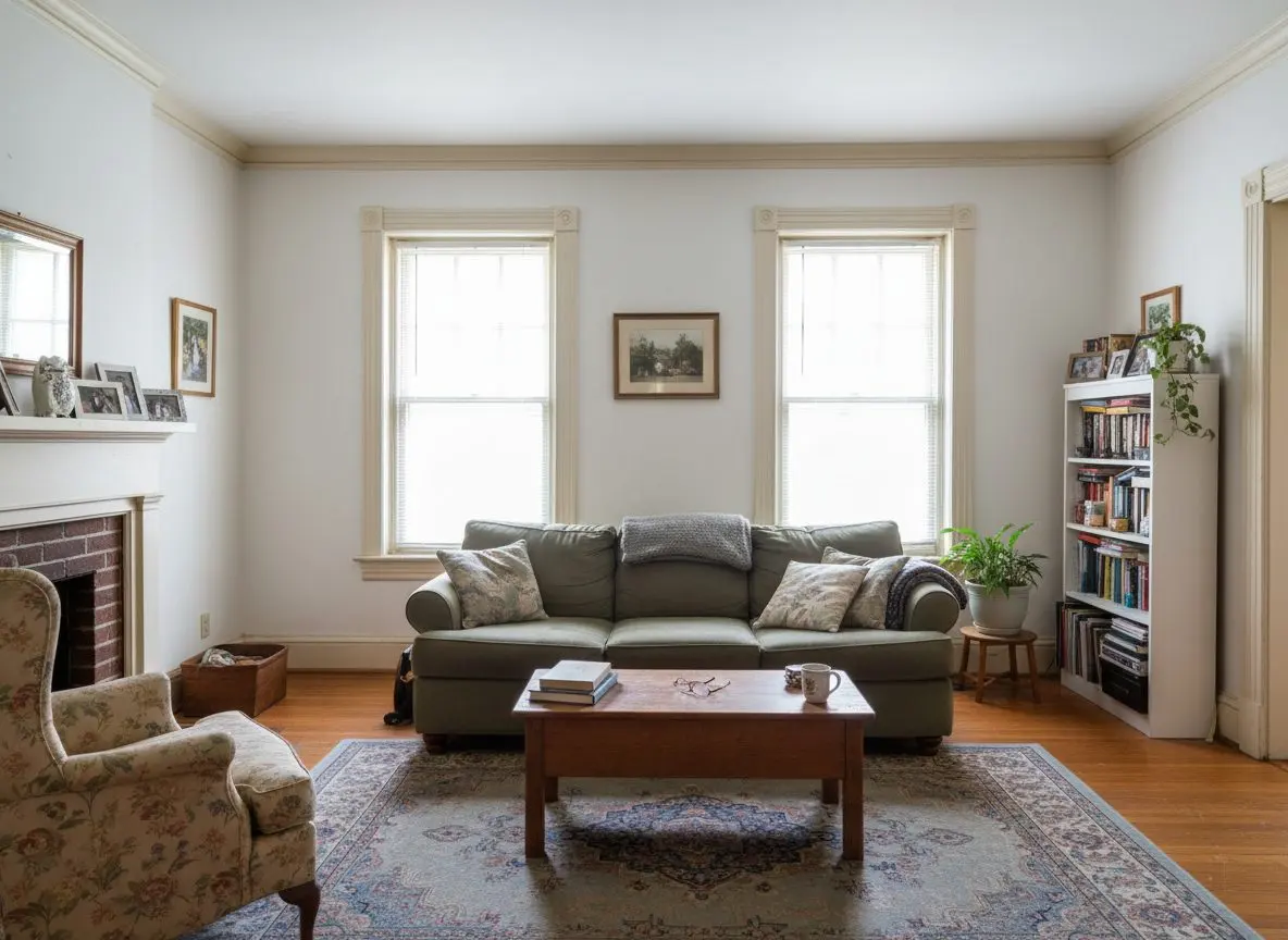 A finished, lived-in living room in an older Hartford house, furnished and clearly in use, flat white walls and ceiling beside the original trim and crown molding