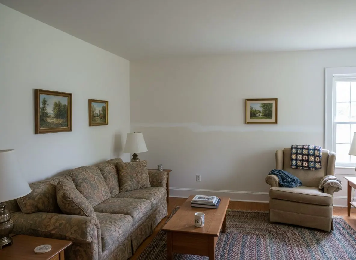 A finished, furnished older living room where new work meets original plaster, all painted as one flat surface.