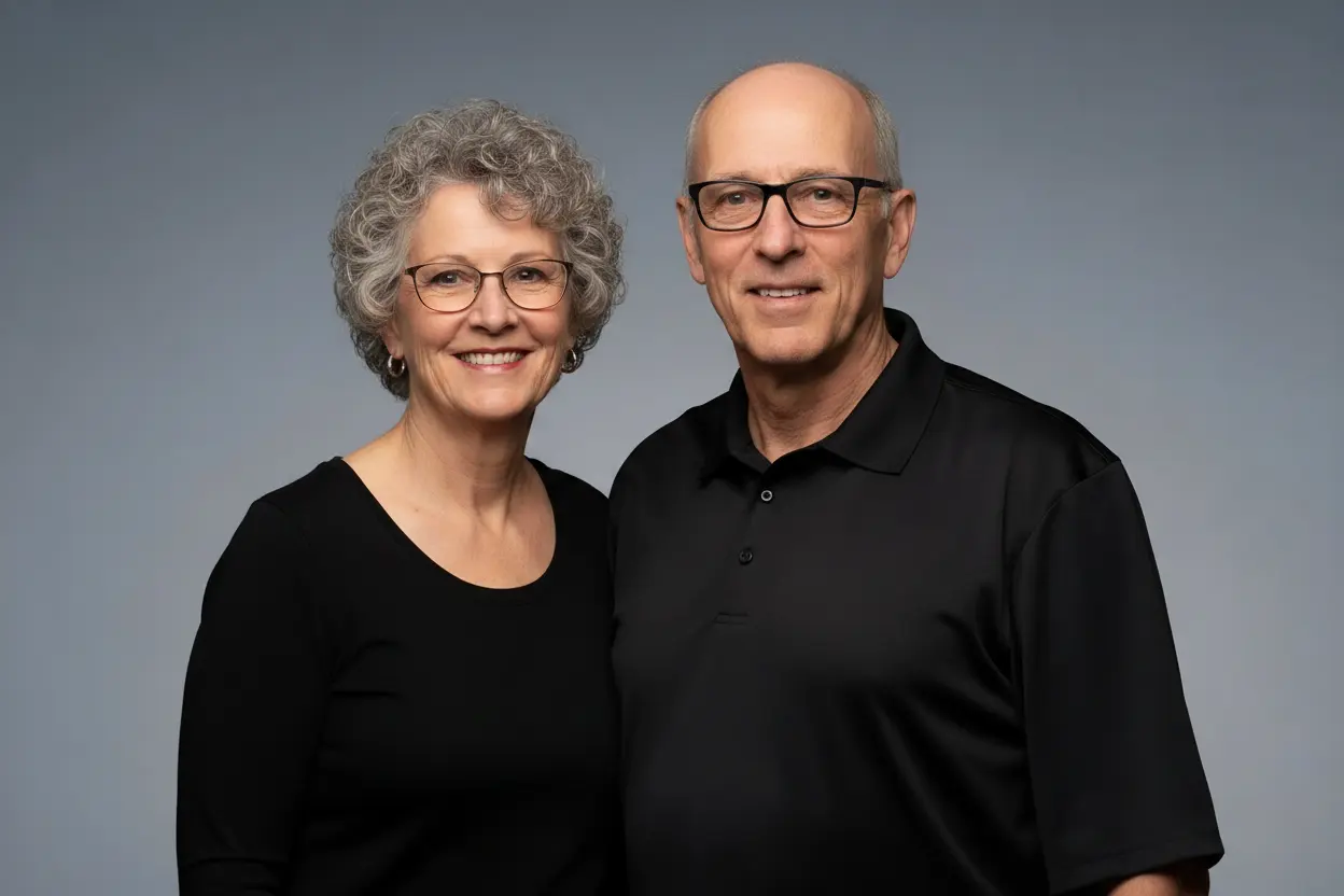 Ray and Donna Kozlowski standing side by side in black work shirts against a plain gray backdrop, both smiling at the camera