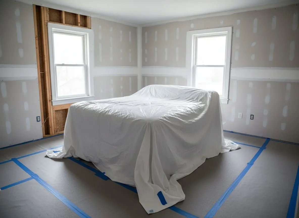 Inside that bedroom, the furniture pulled to the center and sheeted, the edges taped to the floor protection while the wall behind sits part hung