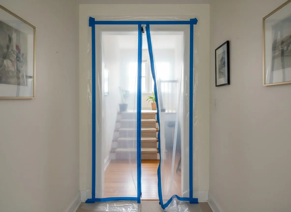 A single bedroom doorway zipped shut in plastic sheeting, the landing and stairs beyond it clear and in ordinary use, the rest of the house untouched