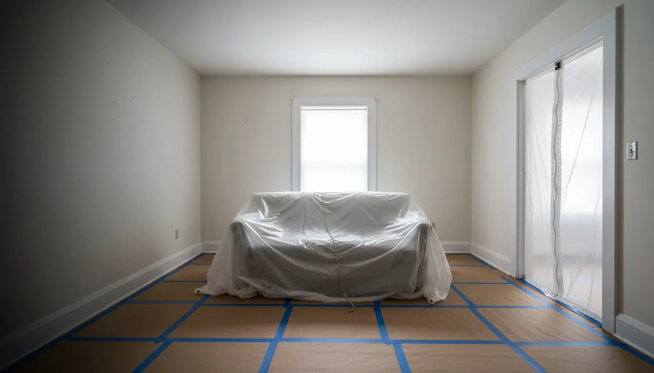 A room in an occupied Hartford house set up for work rather than being worked on, floors covered with taped down protection