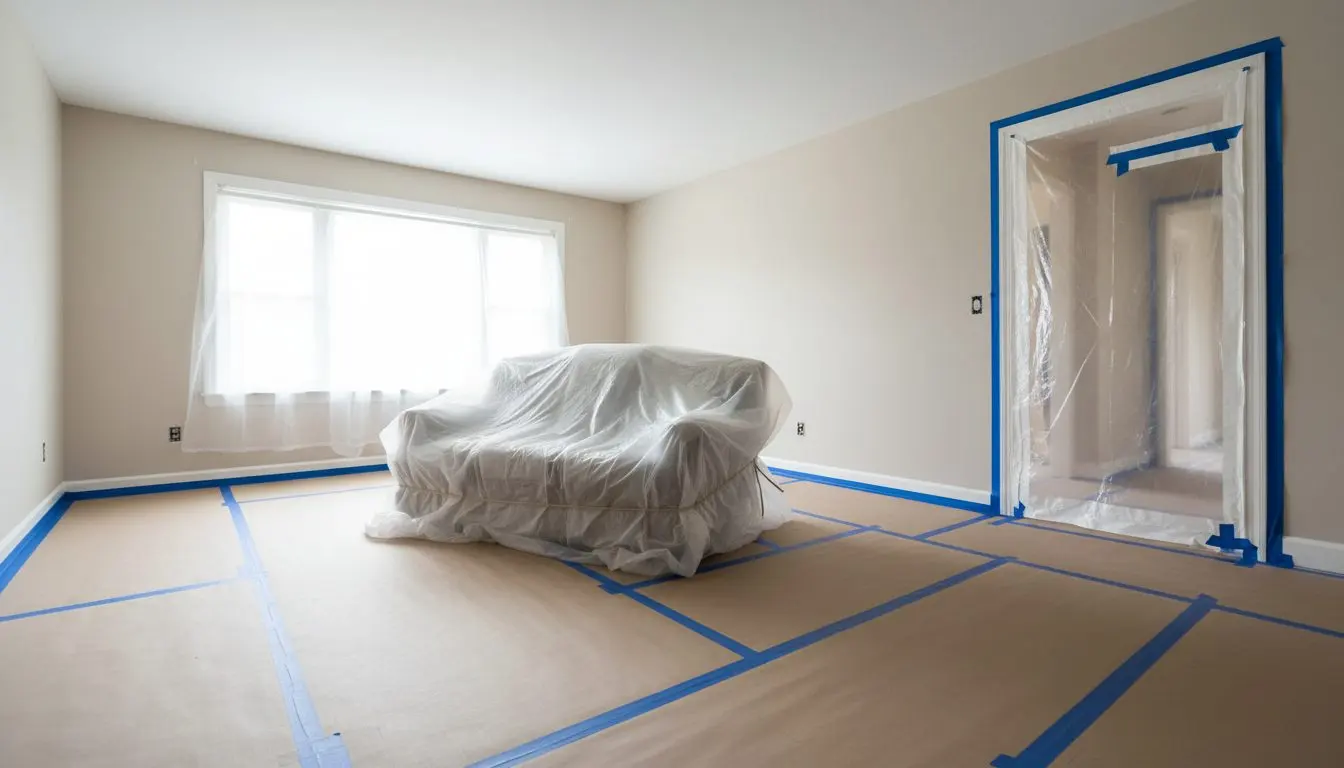 A room in an occupied Hartford house set up for work rather than being worked on, floors covered with taped down protection