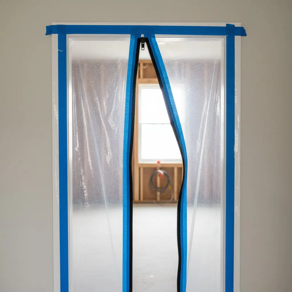 A zip door taped into a plastic screen across a doorway, the room beyond just visible through the gap