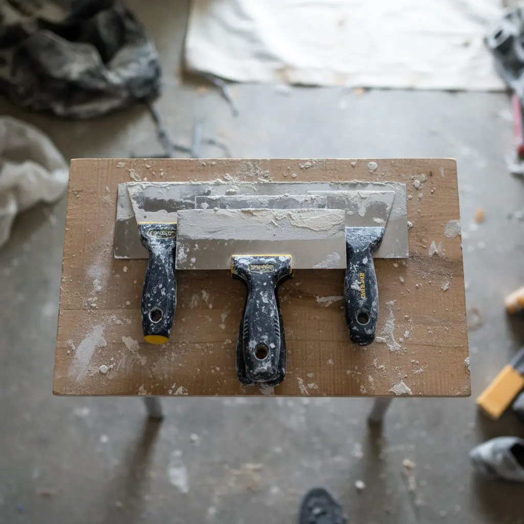 A stack of taping knives of different widths laid out on a board scrap piece, seen from directly above