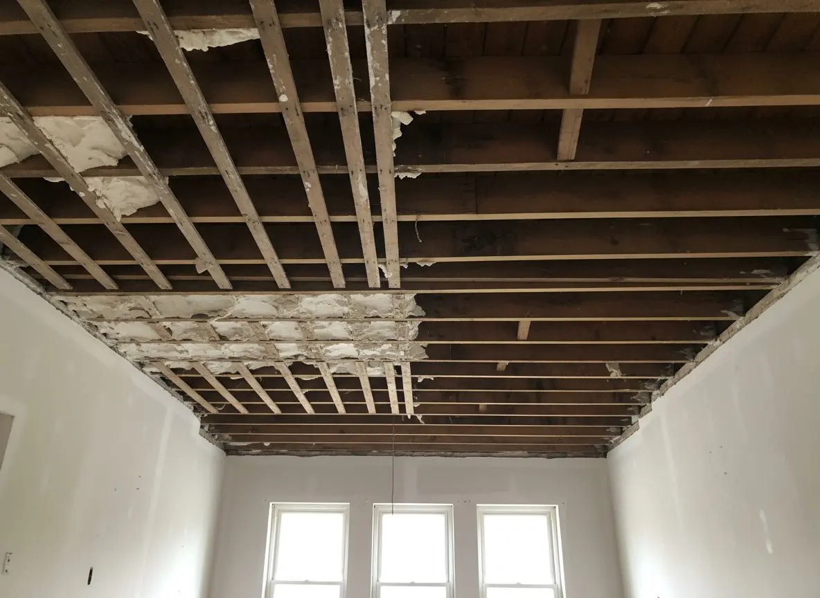 A ceiling caught half stripped, with old lath still nailed across the joists on one side of the room and bare joists on the other