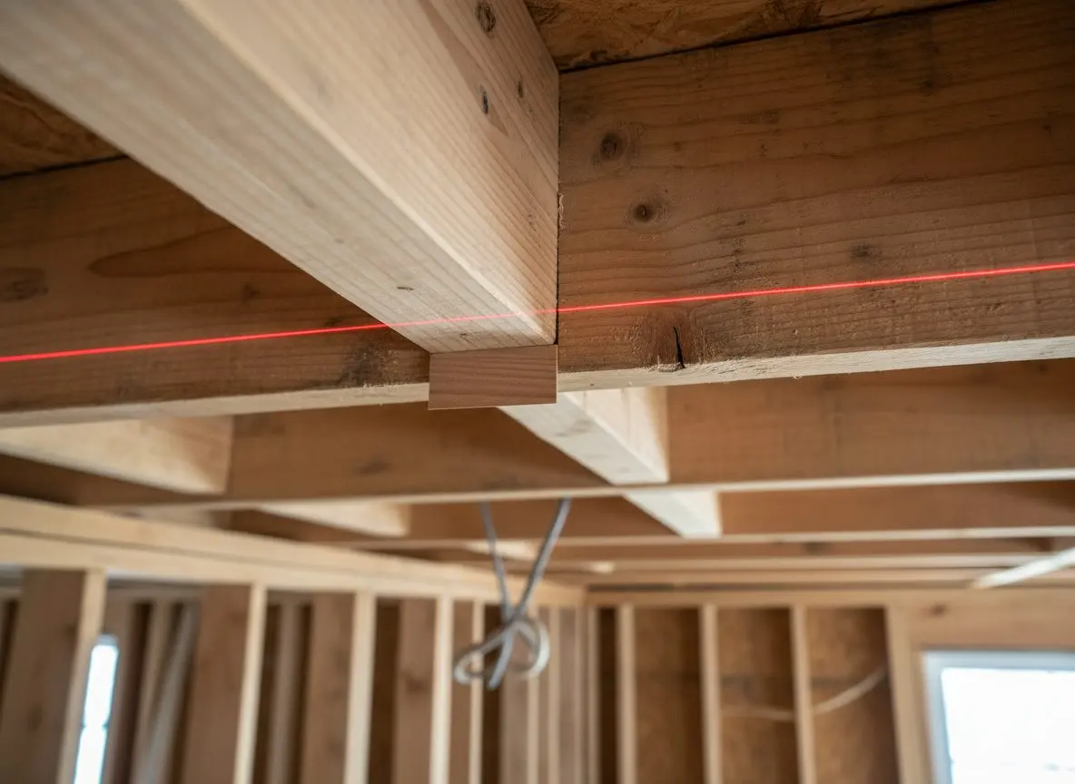 A laser line thrown across bare ceiling joists with a furring strip and a shim held up against one of them, close enough to read the gap the shim is filling