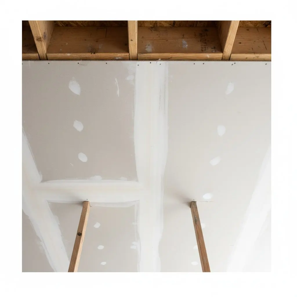 A sheet of five-eighths board held tight up against ceiling joists by two props, seen from directly below