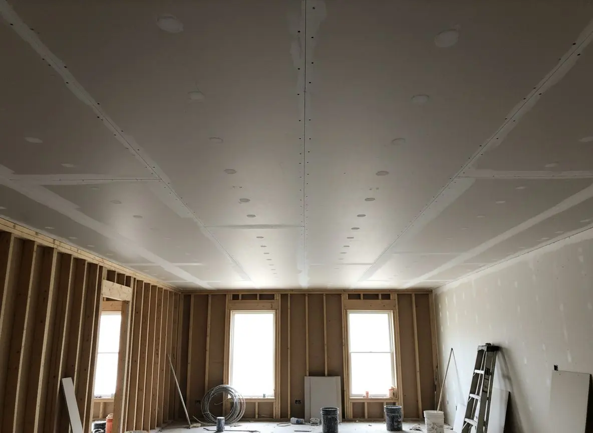 A newly hung ceiling seen from below with the seams still open and the screw heads dimpled in rows across it, the board filling most of the frame