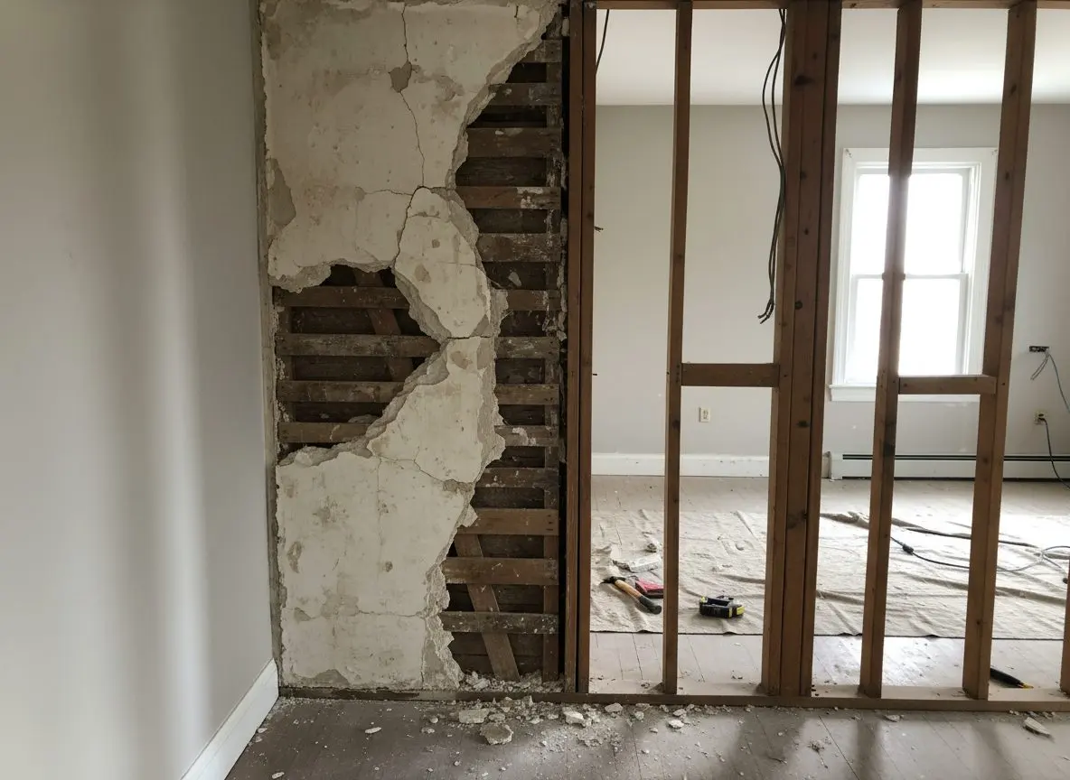 One wall caught half stripped, with old lath and plaster still standing on one side of a stud line and bare framing on the other