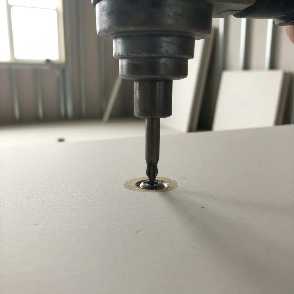 A screwgun setting a screw into a fresh sheet of board, the dimple just formed and the paper still unbroken