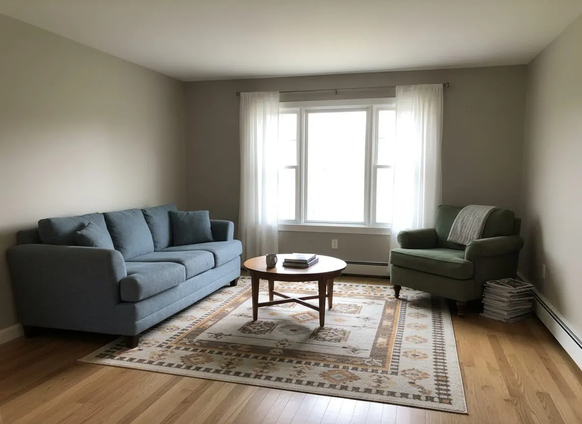 A finished and furnished addition in daily use, flat painted walls and ceiling, furniture, rugs and daylight