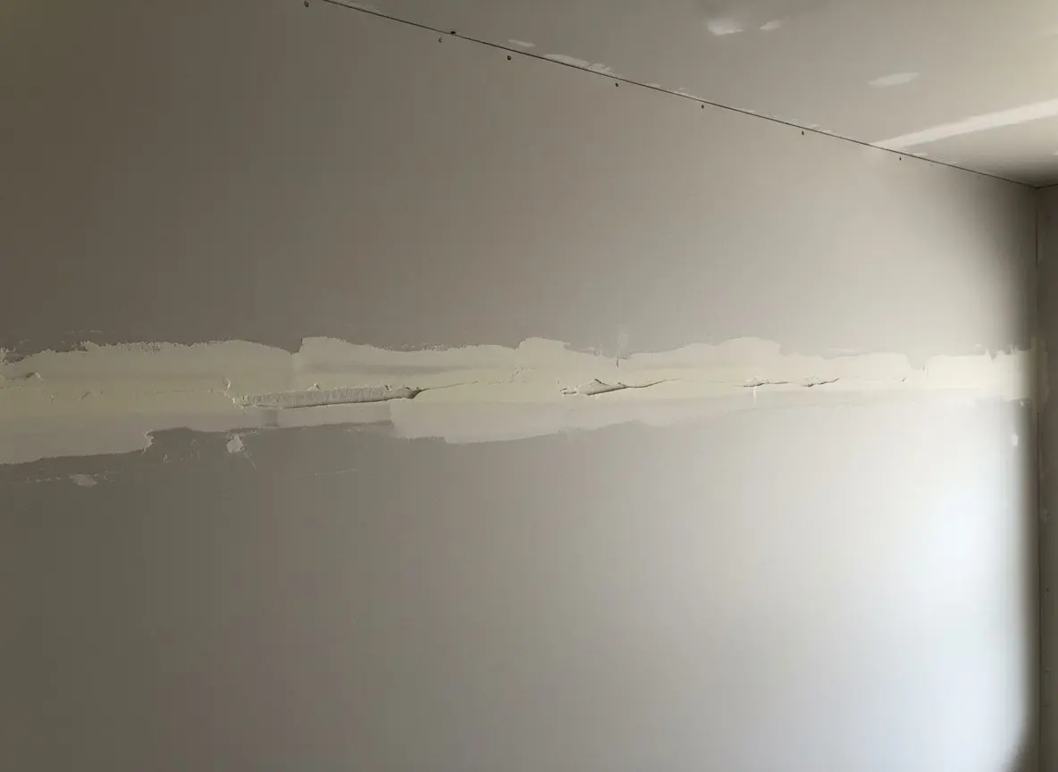 A recessed butt joint over a backing board, taped and first-coated