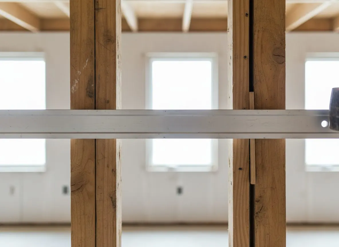A long aluminum straightedge held flat against bare studs with a shim being tapped in behind one of them, close and tight on the gap that shows