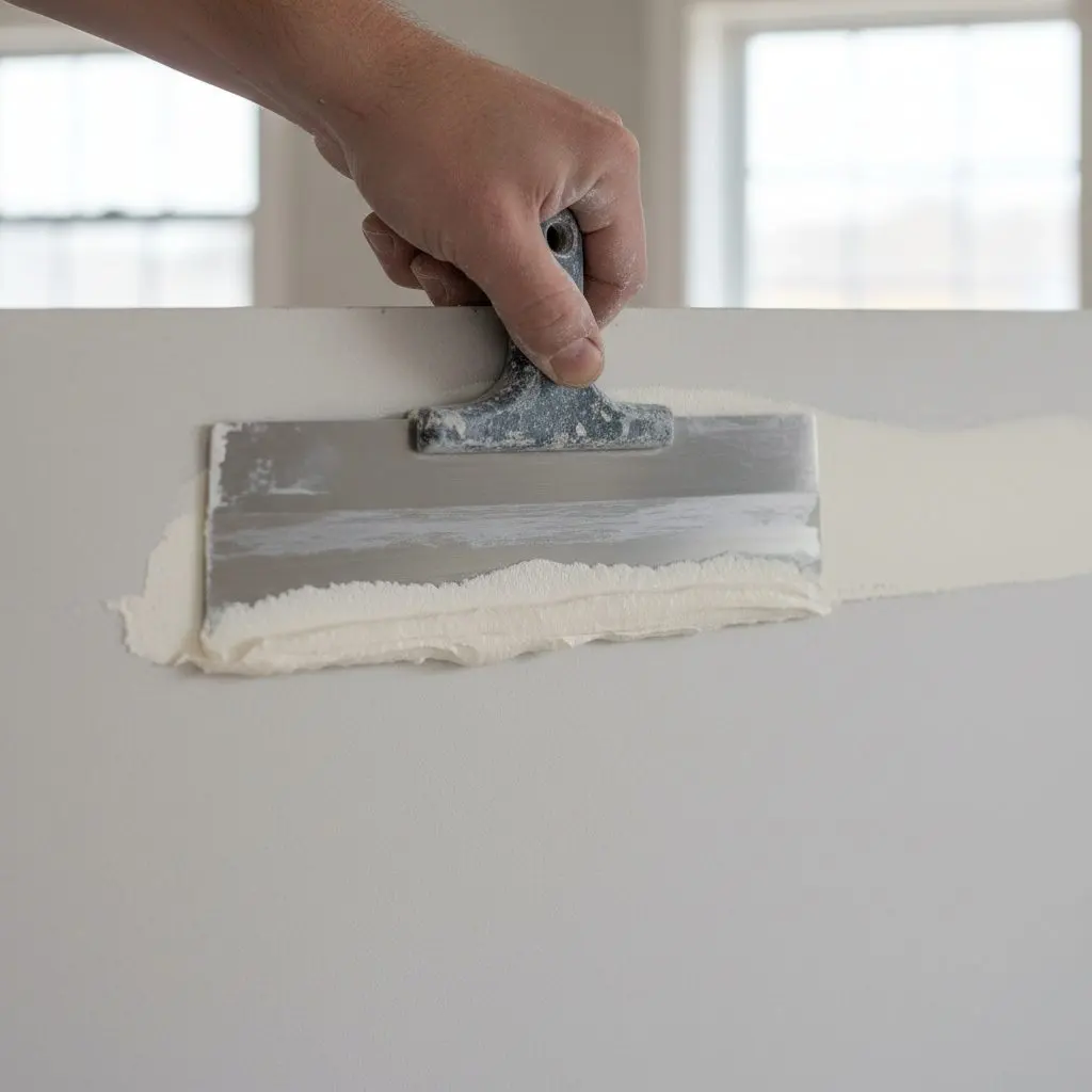 A taping knife feathering the third coat off the edge of a patch, the blade and the wet compound close up
