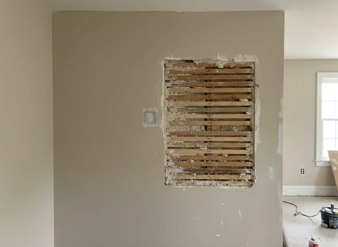 One wall showing both answers at once, a small square patch already taped on one side and a larger area of plaster stripped back to bare lath beside it