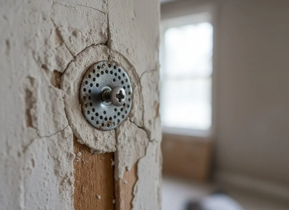 A plaster washer being driven through loose plaster into wood lath, close and tight enough that the washer