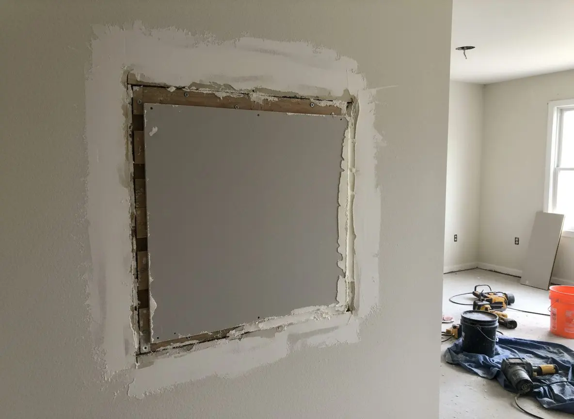 A square patch let into an older wall with backing strips screwed behind it and paper tape bedded across one edge