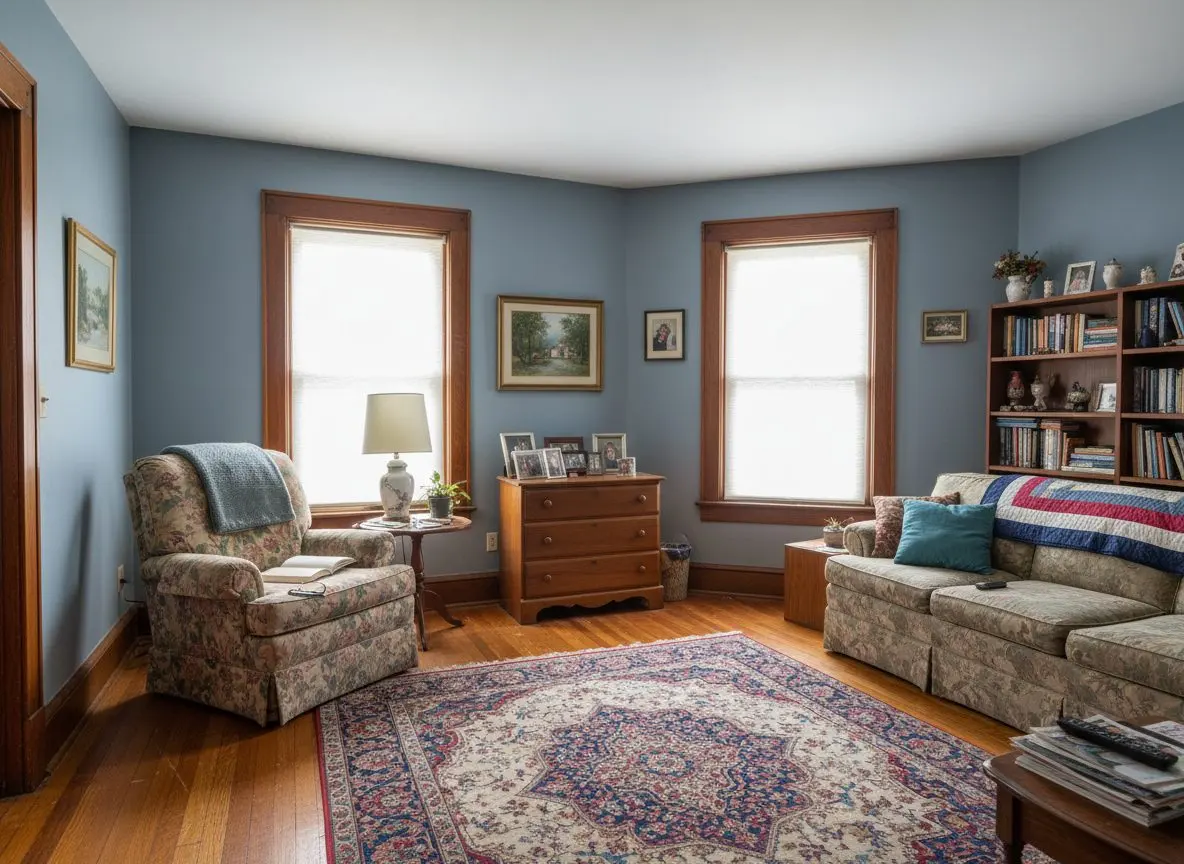 A finished, lived-in room in an older Hartford house, furnished and clearly in use, with flat painted walls and ceiling beside original trim