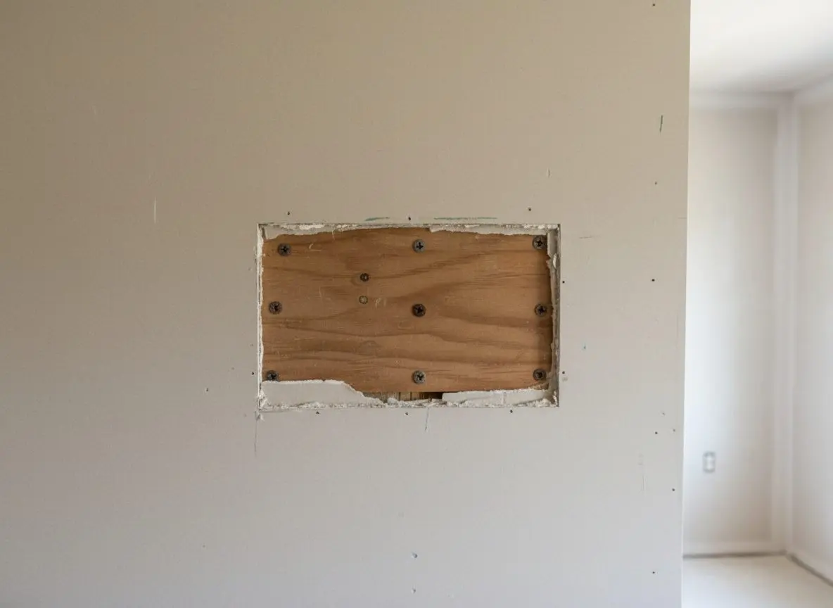 A strip of plywood screwed in behind the opening of a cut-out patch