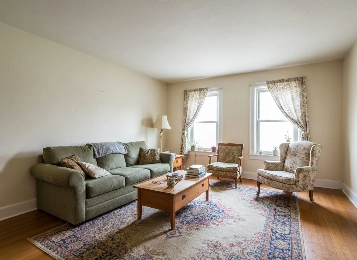 A finished, furnished living room in an older Hartford house clearly in daily use