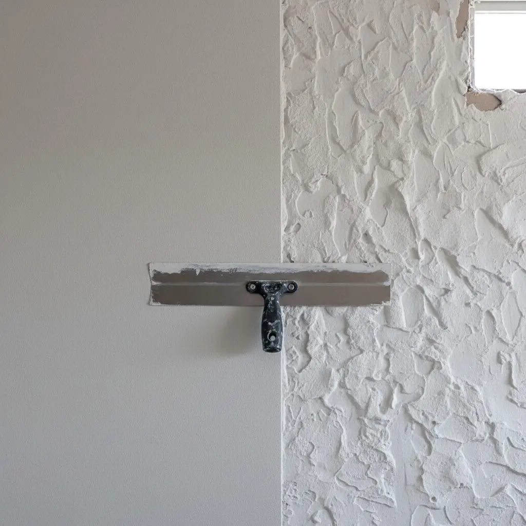 A wide knockdown knife flattening the tops of wet sprayed texture, half knocked smooth and half still standing in peaks