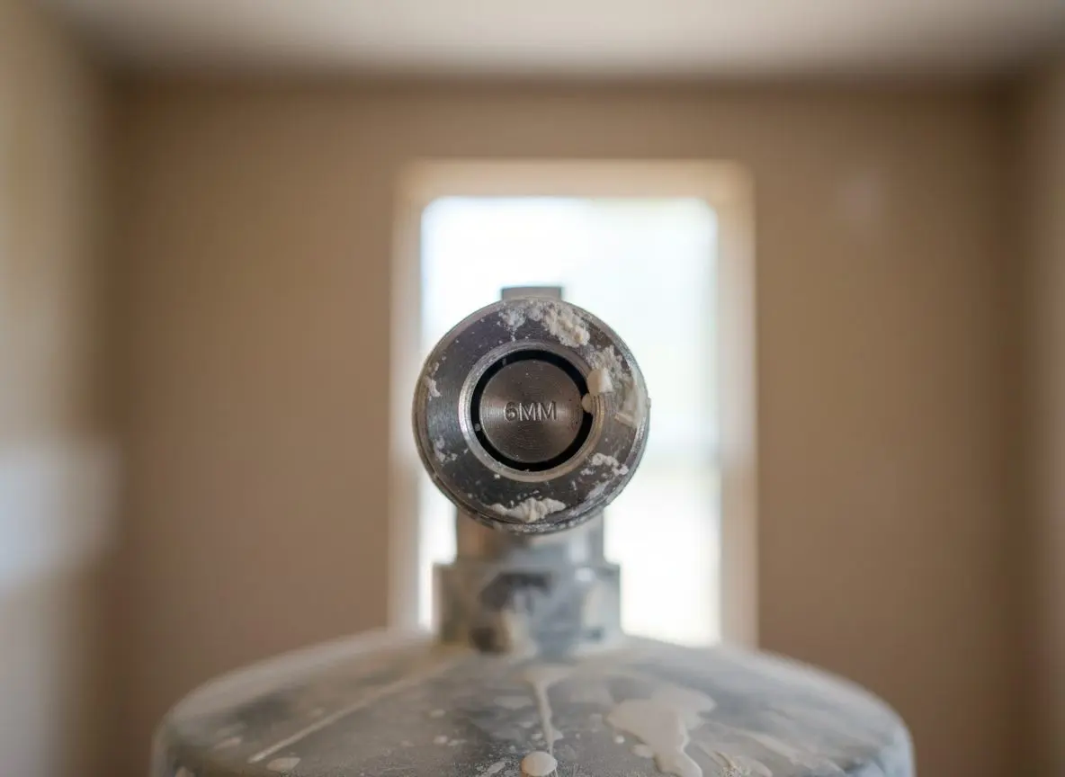 A spray tip and the nozzle of a hopper gun, the orifice size stamped on the metal readable, with thinned compound around it