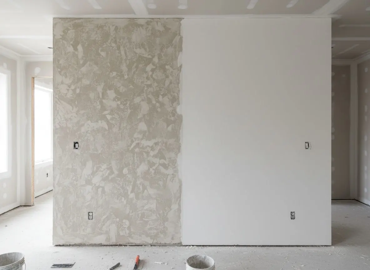 One wall carrying both answers, heavy knockdown across most of it and a section already skimmed flat and primed beside it