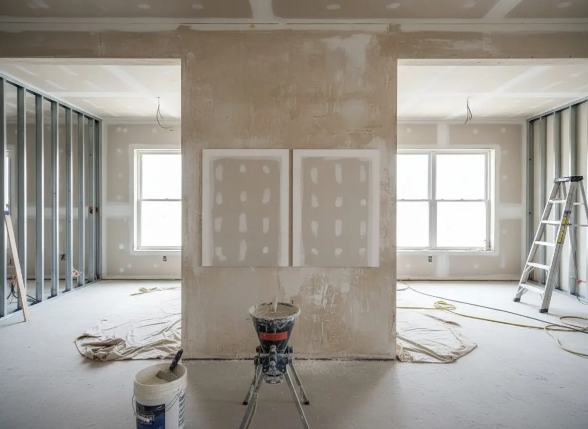 Two sample boards of sprayed knockdown held up against an existing textured wall, one coarser than the other