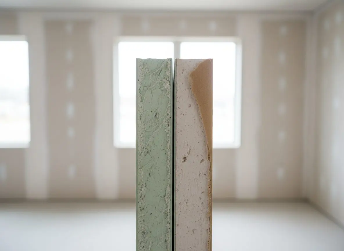 The cut edge of a glass-mat gypsum panel held against a paper-faced sheet, close enough to read the difference between the two faces