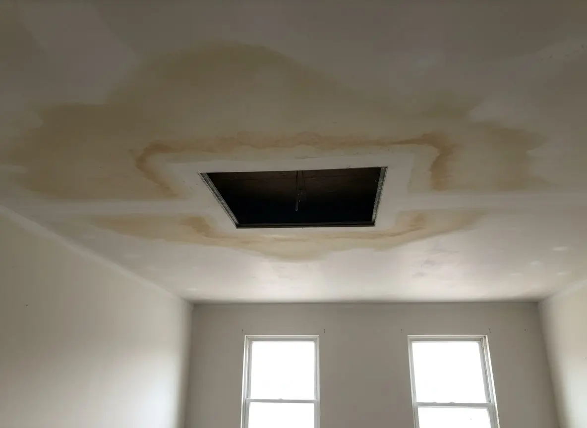 A ceiling with one neat square cut out of it and a second, much larger stained area still in place around the opening