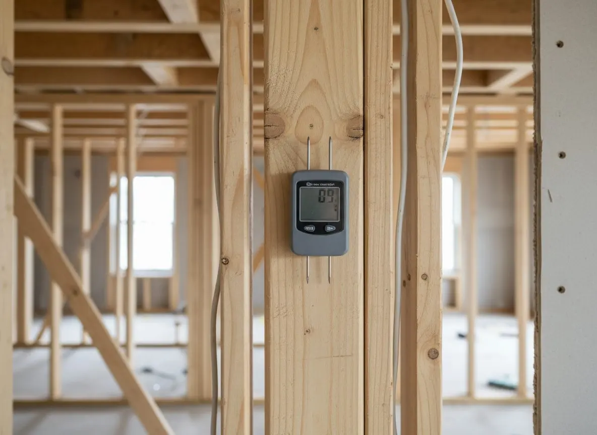 The two pins of a moisture meter pushed into the face of a stud inside an opened wall, the display and the wood close and sharp