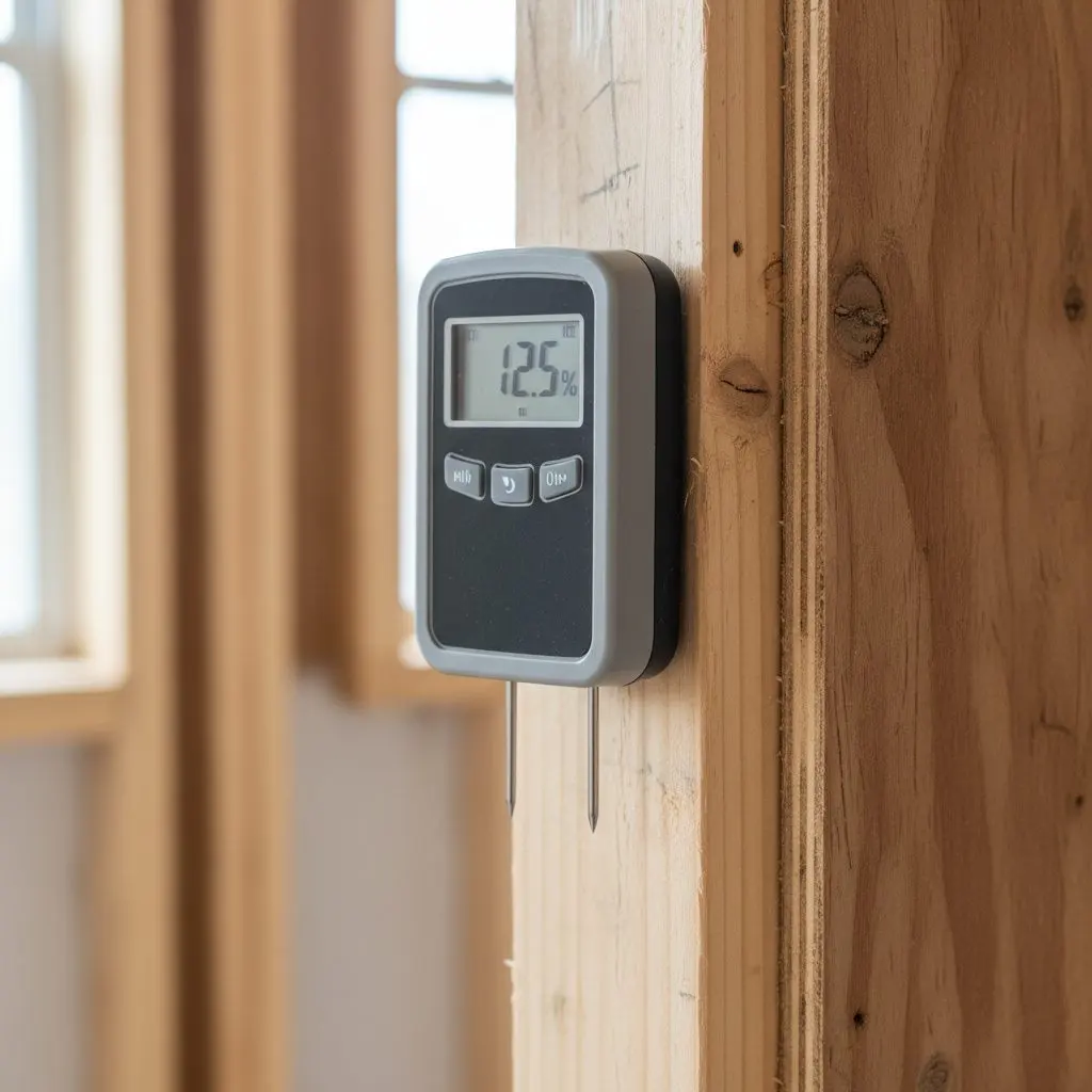 The two pins of a moisture meter pushed into a bare stud beside a cut edge of board