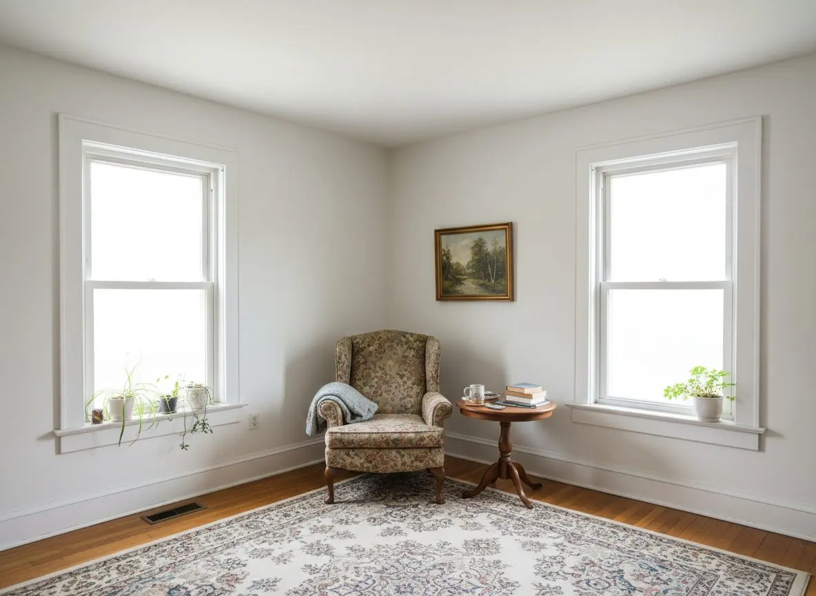 A finished, furnished room in an older Hartford house, lived in and in daily use, with a flat white ceiling