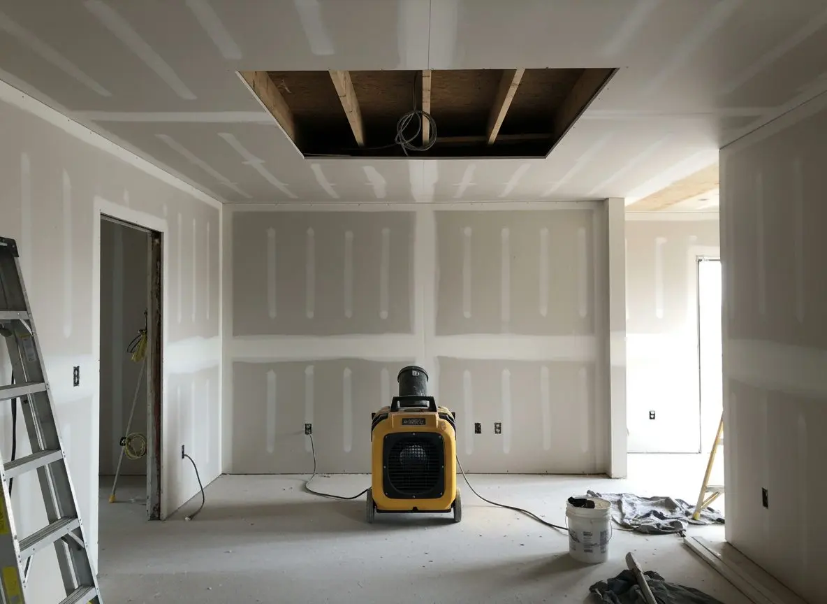 A square of ceiling or wall board cut out back to the joists, the opening dark and the cut edges clean, with an air mover standing on the floor below it