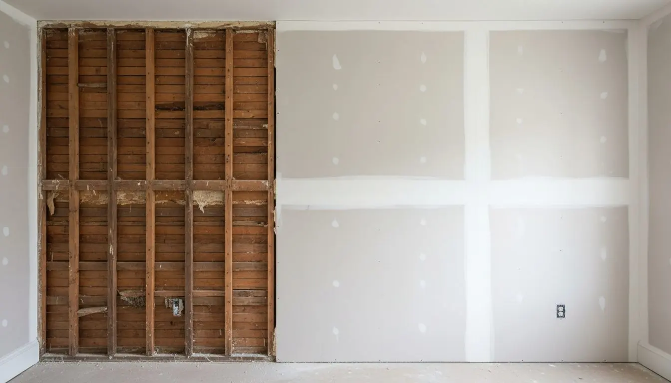 An old room with the lath stripped out along one side and new board going up against it, the two surfaces running the length of the frame